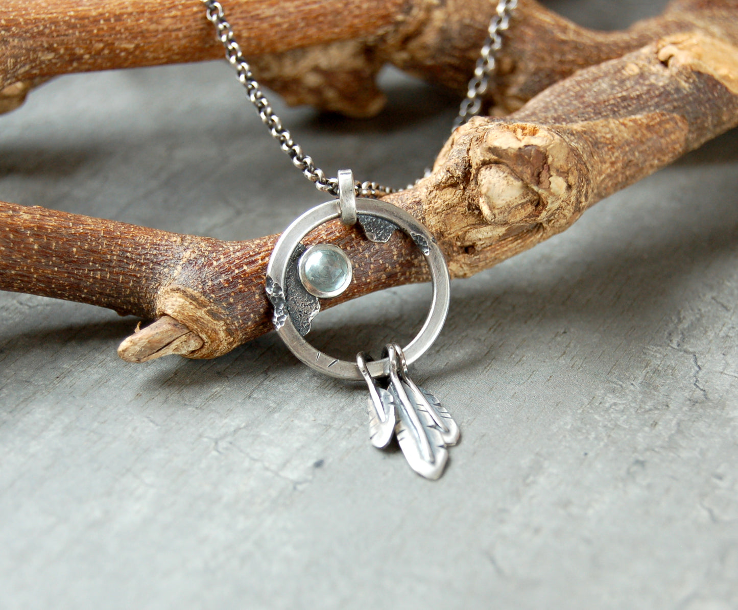 Aquamarine Gemstone pendant in sterling silver with handmade feathers