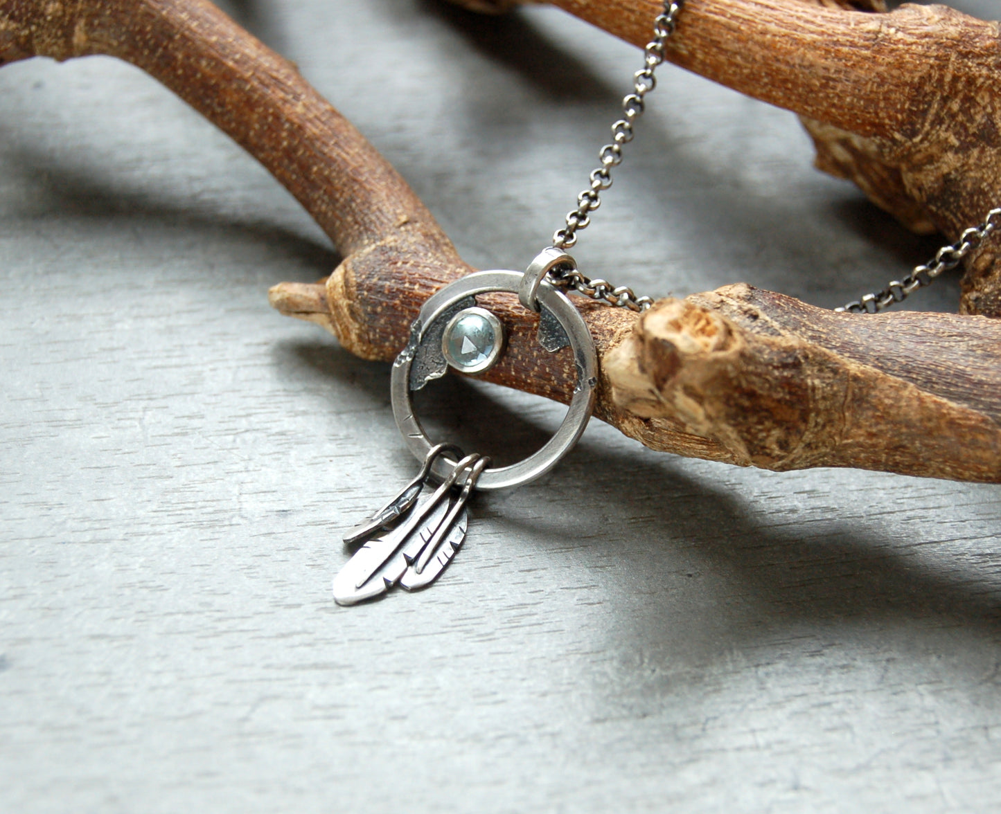 Silver Boho pendant with aquamarine. Dream catcher pendant