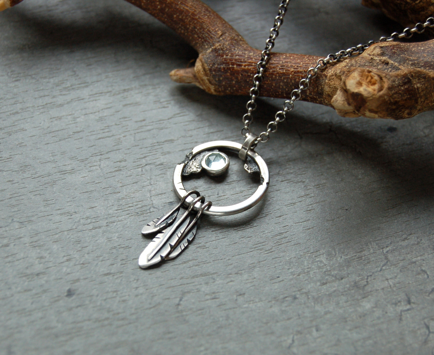 Silver Boho pendant with aquamarine. Dream catcher pendant