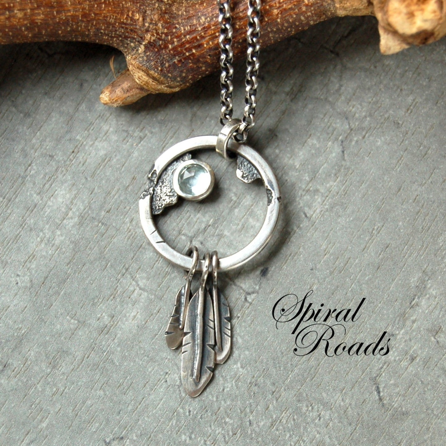Gemstone pendant in sterling silver with handmade feathers
