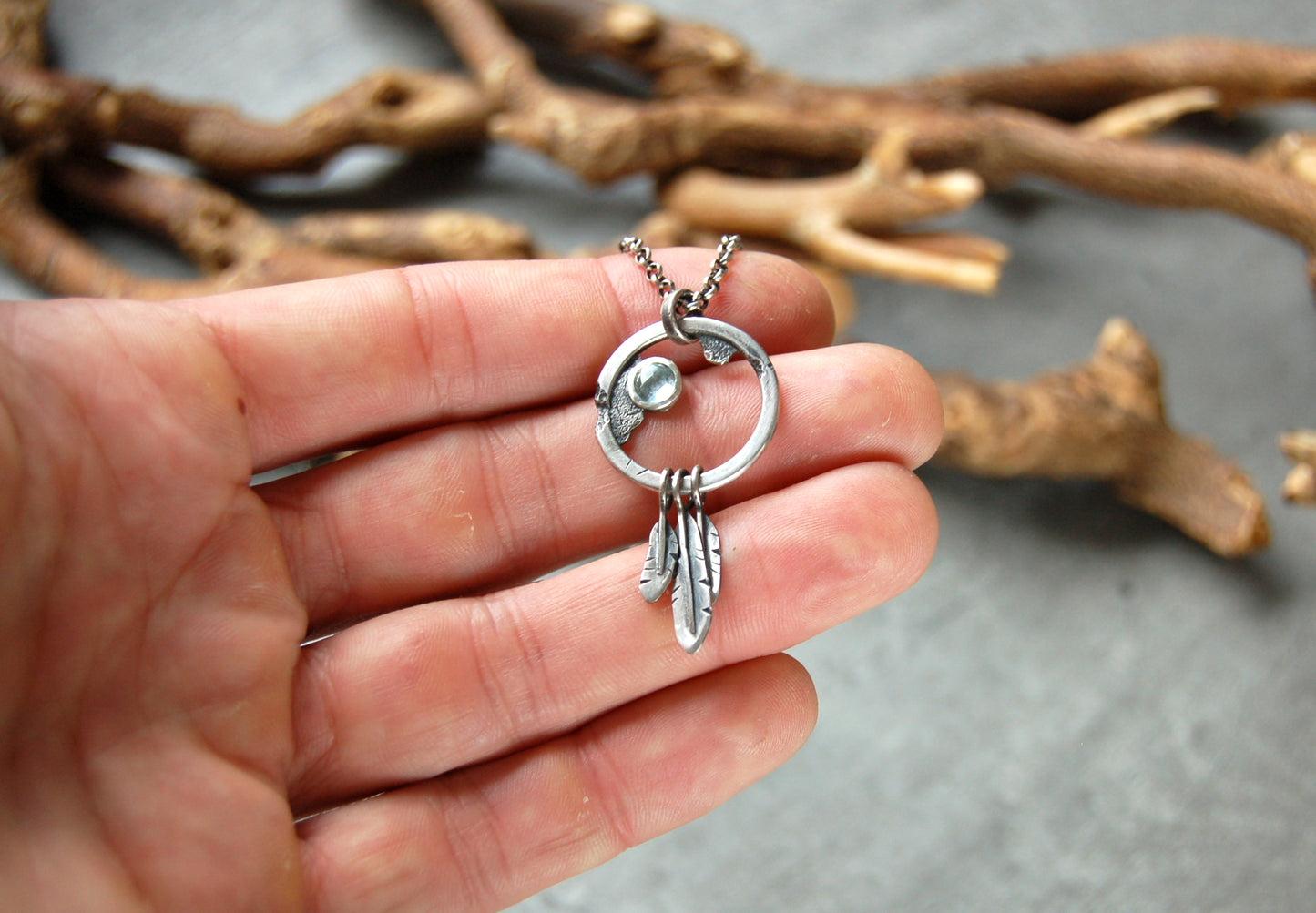 Silver Boho pendant with aquamarine. Dream catcher pendant