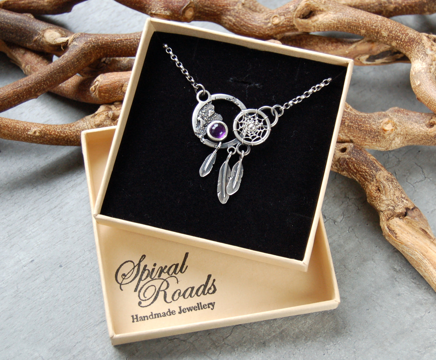 Boho necklace in sterling silver with amethyst gemstone. unique Dream catcher pendant
