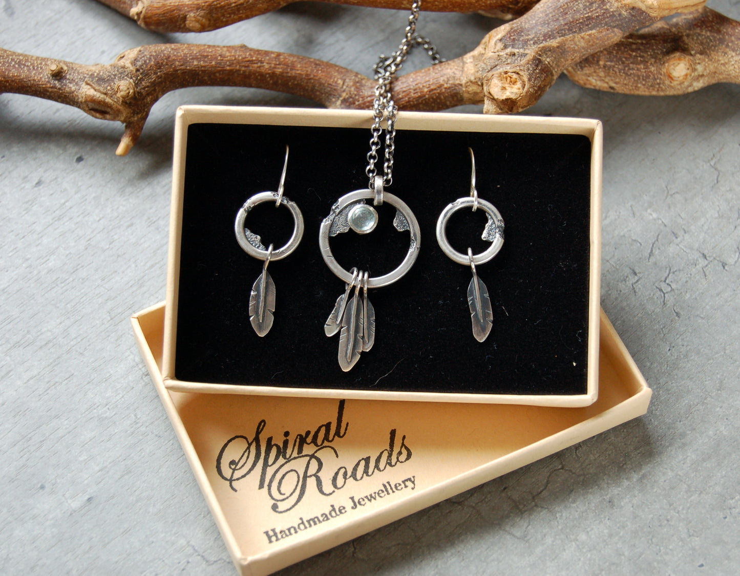Silver Boho pendant with aquamarine. Dream catcher pendant