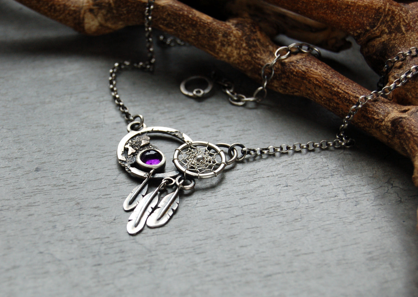 Boho necklace in sterling silver with amethyst gemstone. unique Dream catcher pendant