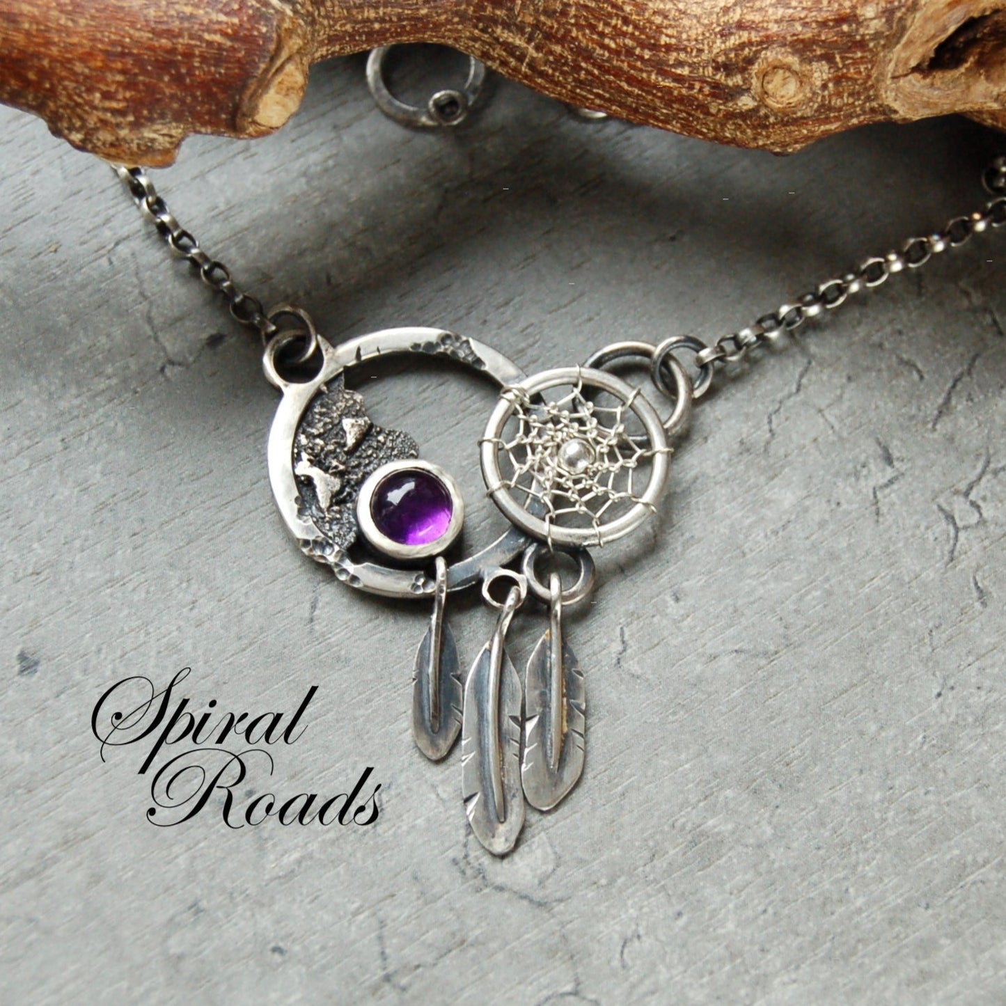Boho necklace in sterling silver with amethyst gemstone. unique Dream catcher pendant