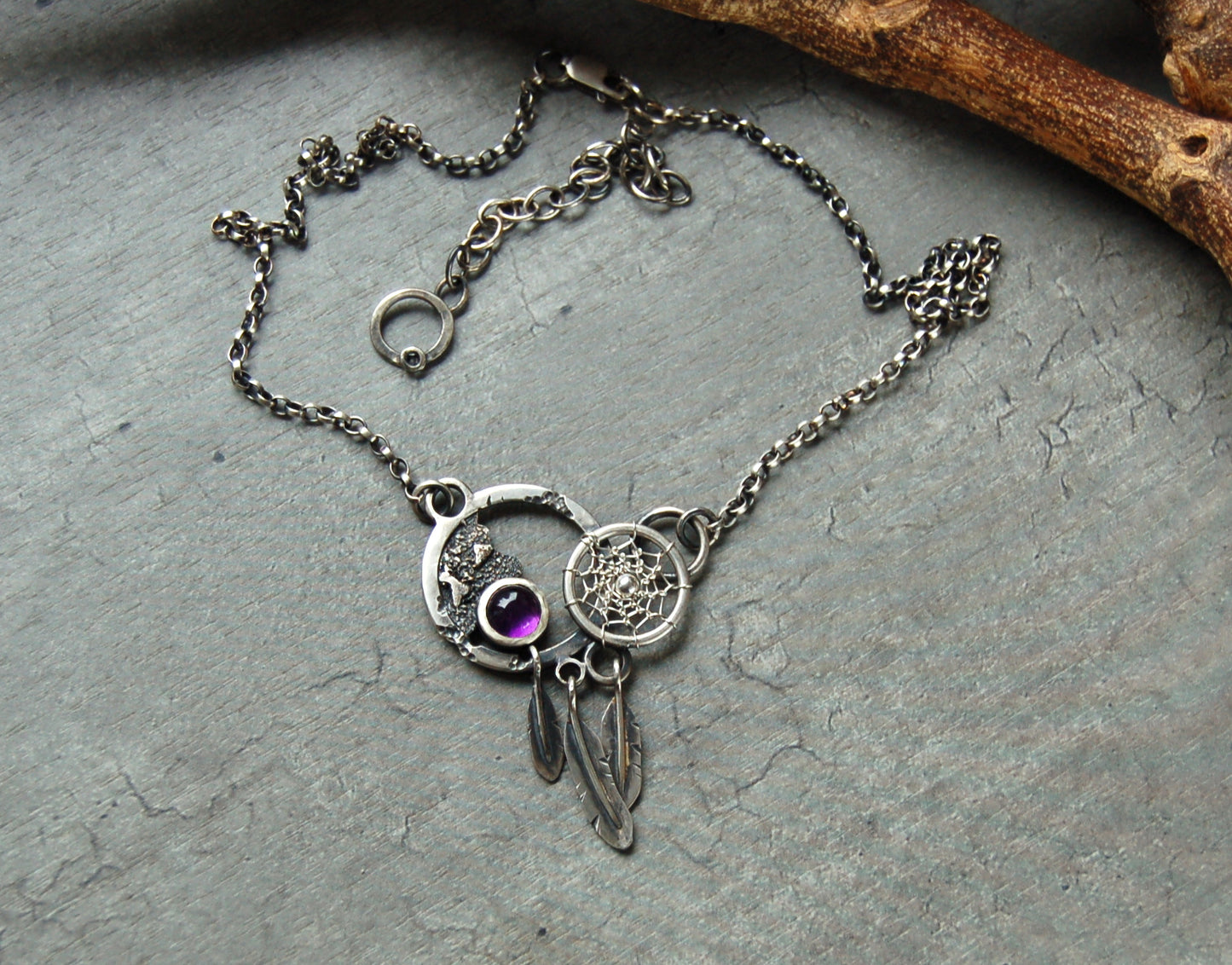 Boho necklace in sterling silver with amethyst gemstone. unique Dream catcher pendant