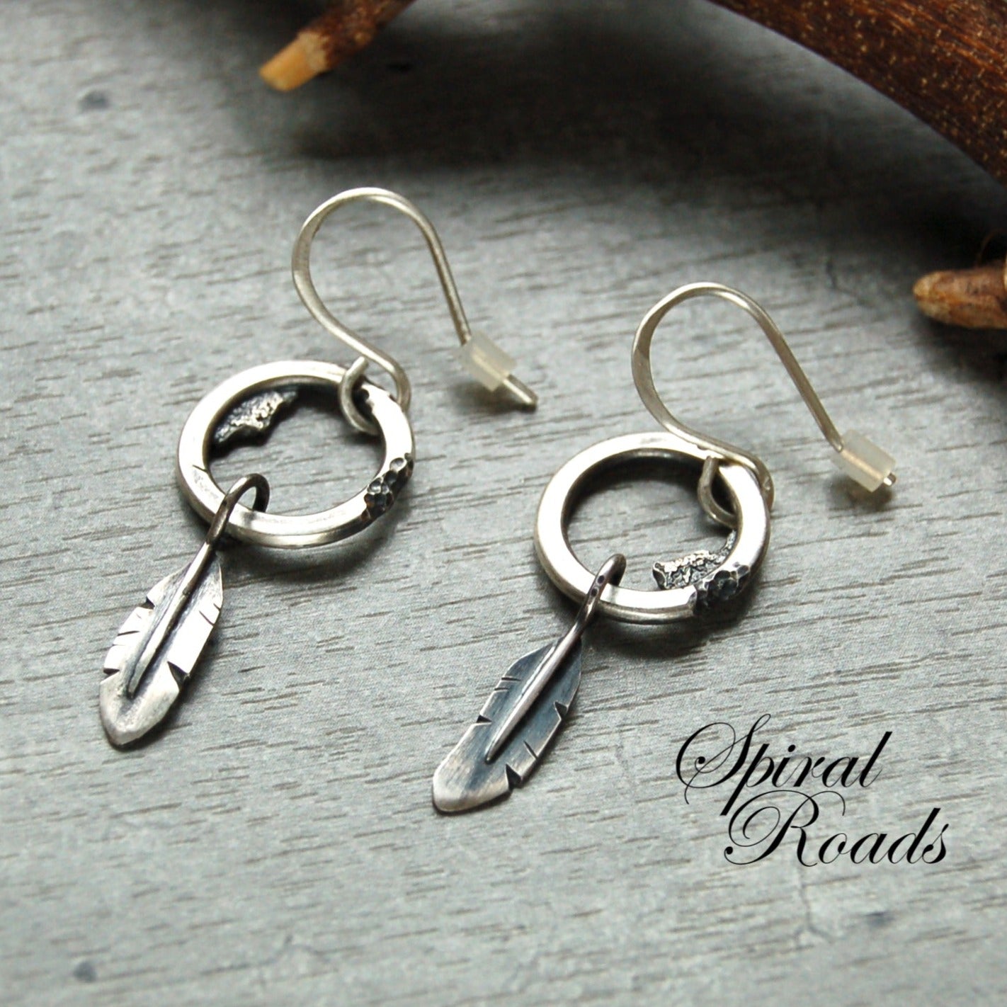 Silver feather earrings. Rustic Boho style