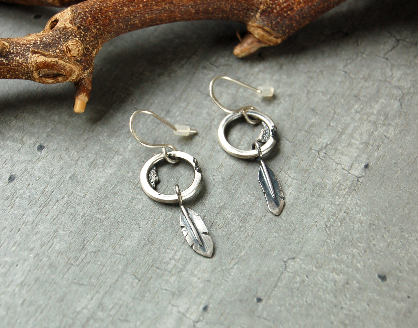 Silver feather earrings. Rustic Boho style
