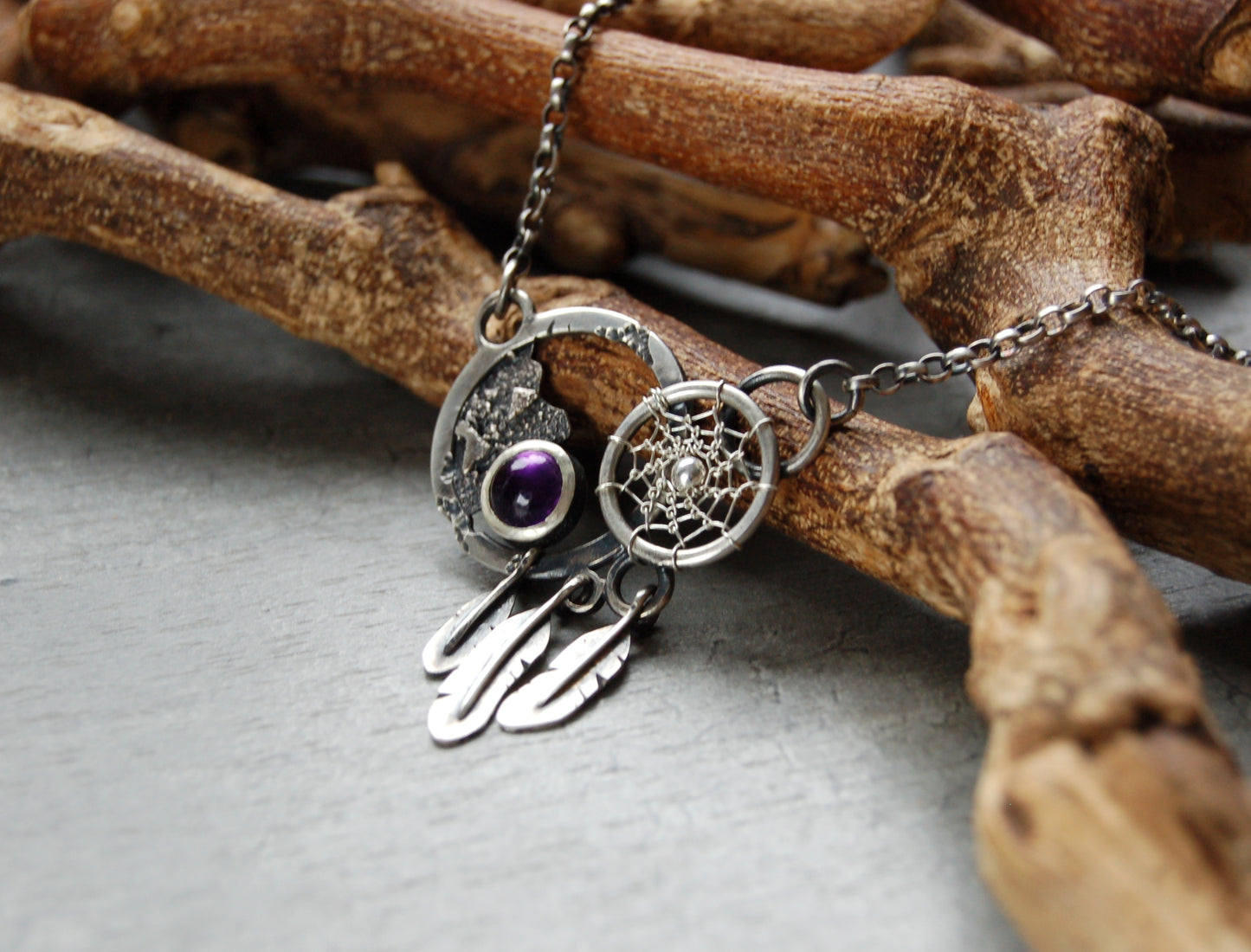 Boho necklace in sterling silver with amethyst gemstone. unique Dream catcher pendant