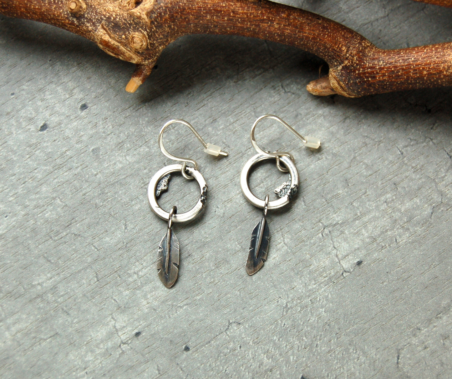 Silver feather earrings. Rustic Boho style