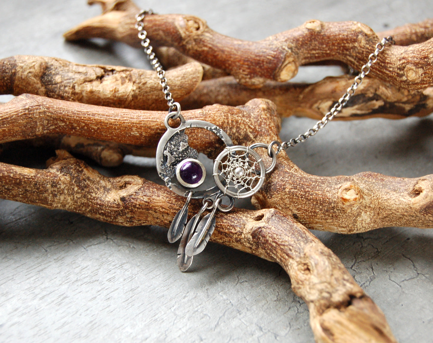Boho necklace in sterling silver with amethyst gemstone. unique Dream catcher pendant