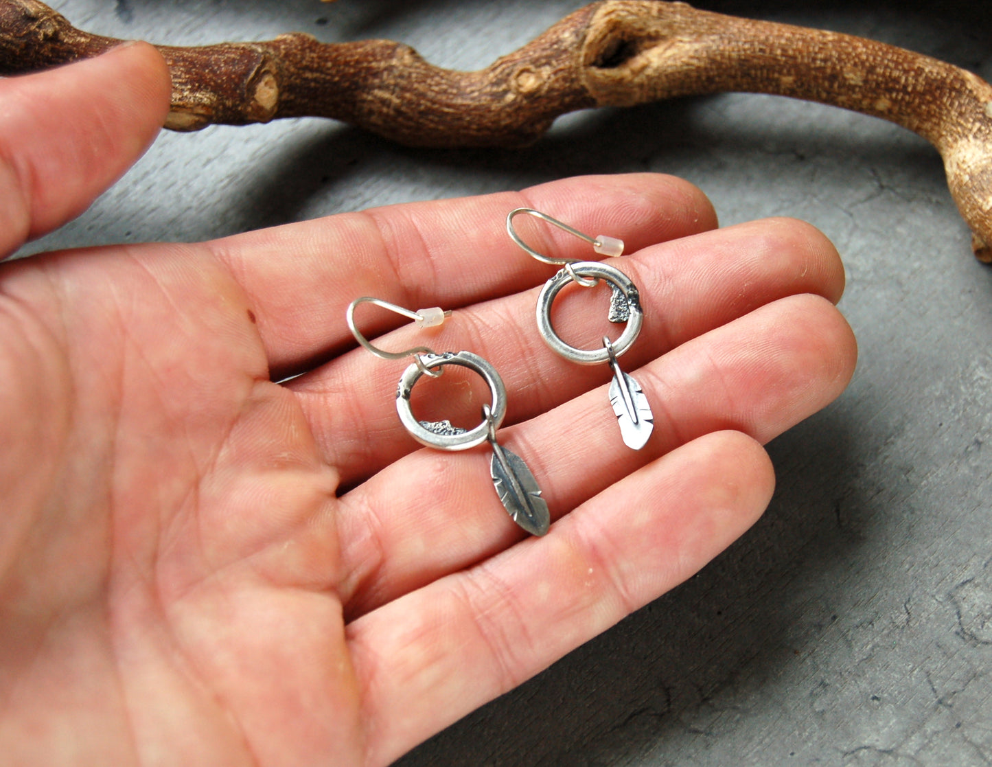 Silver feather earrings. Rustic Boho style