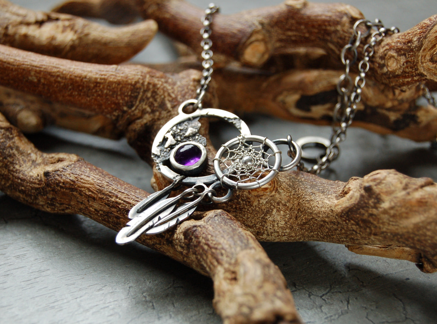 Boho necklace in sterling silver with amethyst gemstone. unique Dream catcher pendant