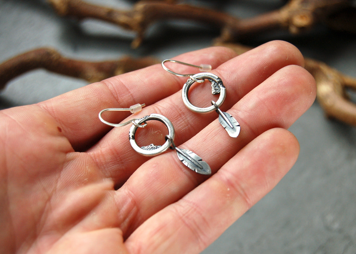 Silver feather earrings. Rustic Boho style