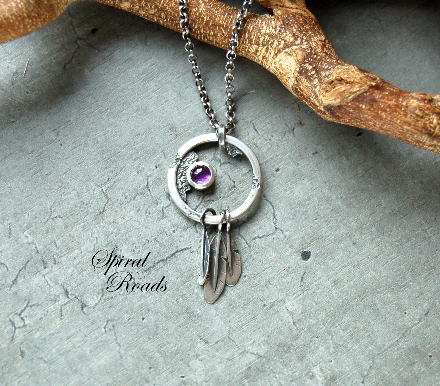 Silver Amethyst pendant in boho dream catcher style