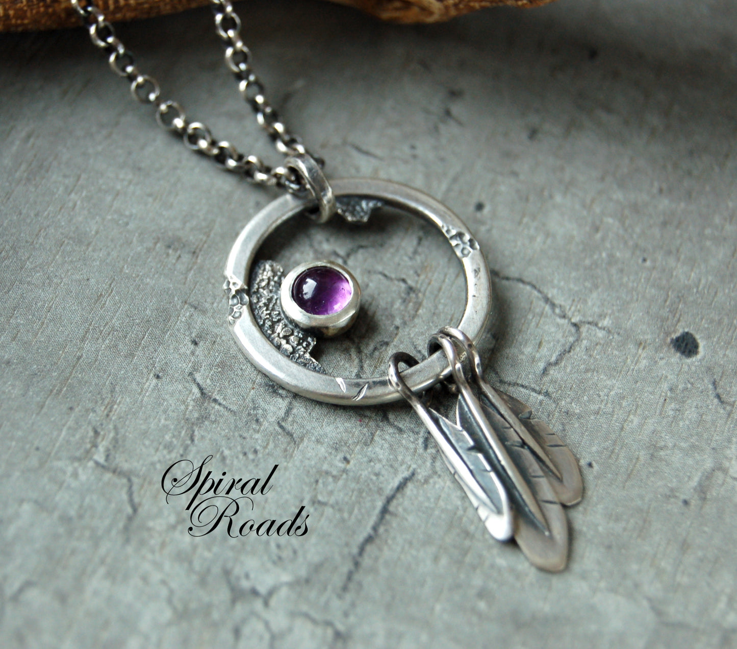 Rustic dream catcher necklace in sterling silver with Amethyst gemstone