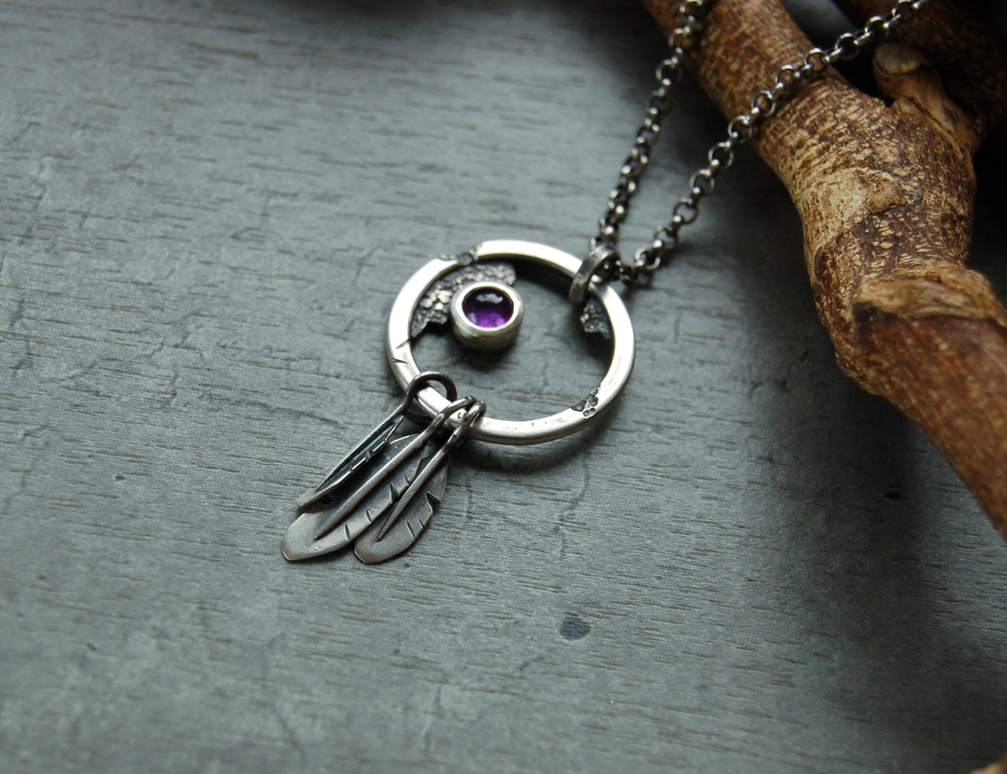 Rustic dream catcher necklace in sterling silver with Amethyst gemstone