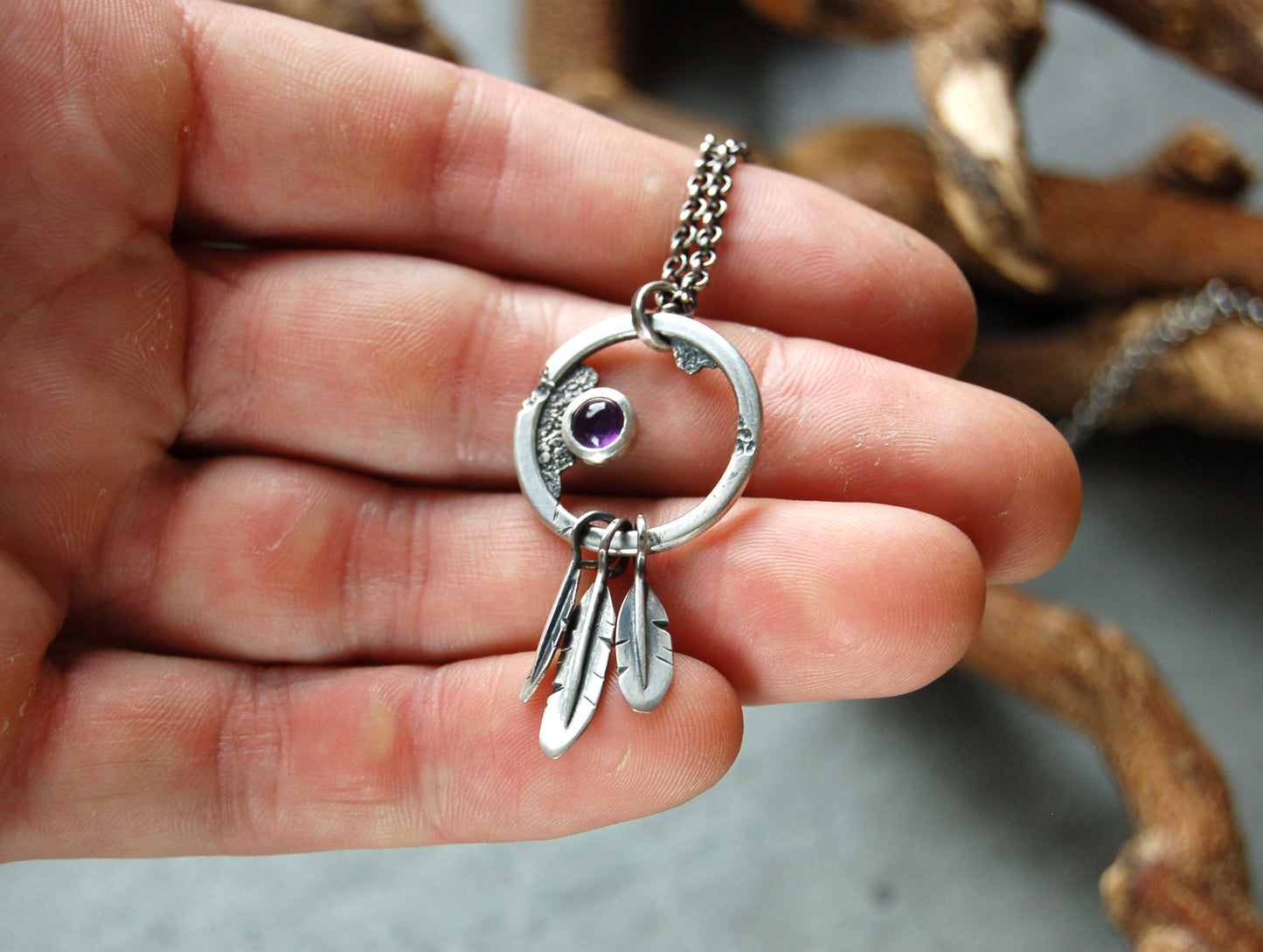 boho chic dream catcher necklace with amethyst