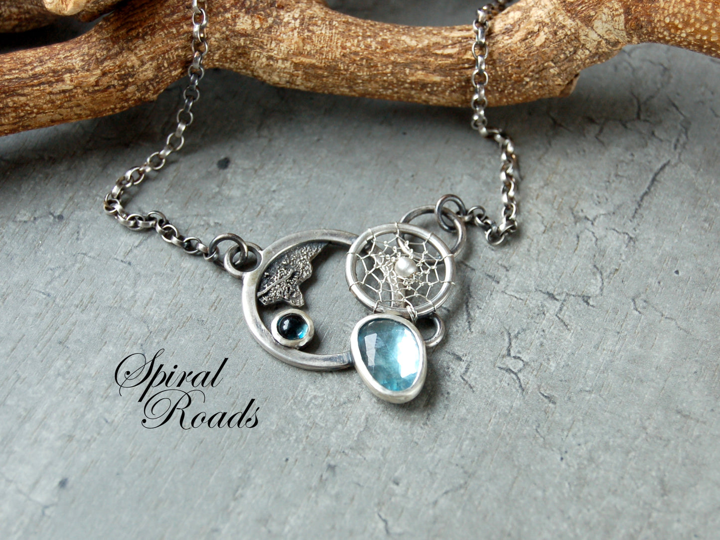 London Blue topaz gemstone necklace. Boho chic dreamcatcher pendant