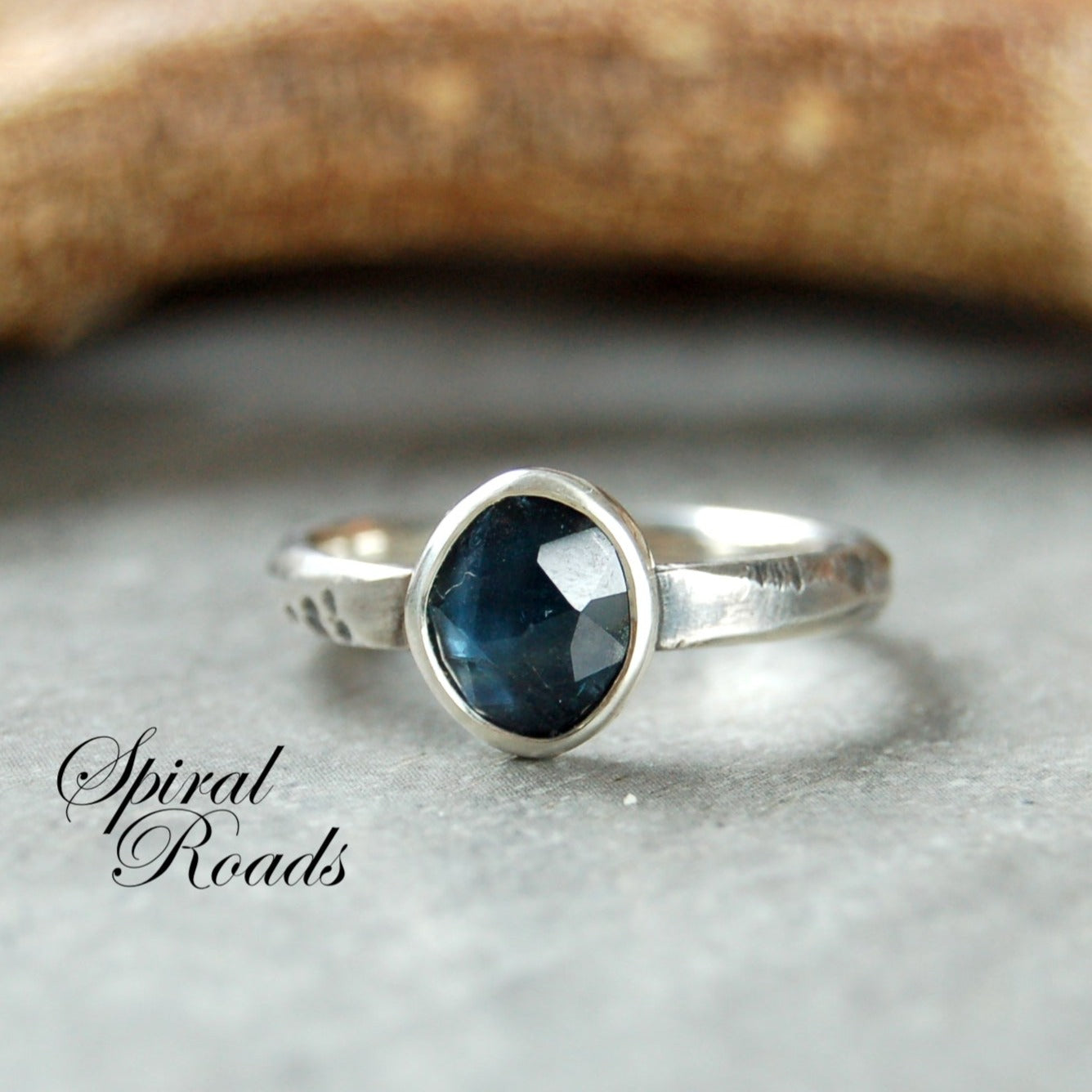 Rustic Silver ring with teal Sapphire gemstone