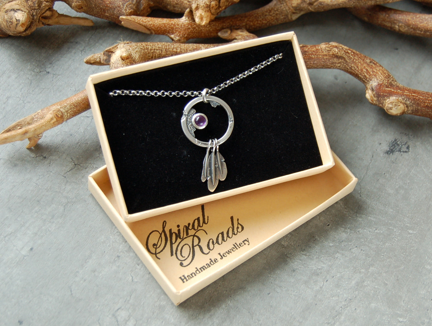 Rustic dream catcher necklace in sterling silver with Amethyst gemstone