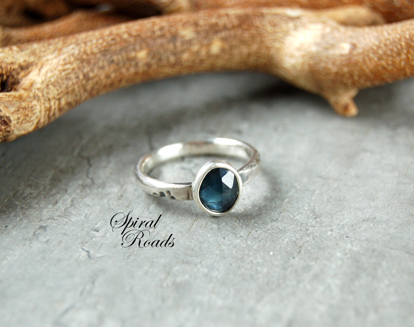 Teal Sapphire Ring in sterling silver in a rustic style