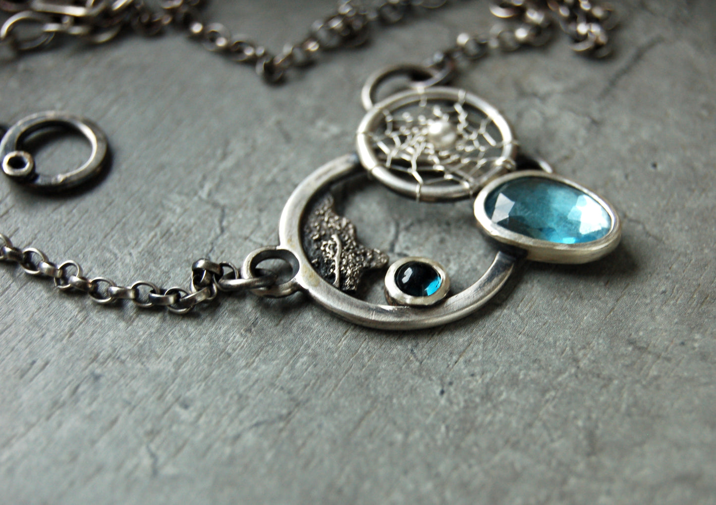 London Blue topaz gemstone necklace. Boho chic dreamcatcher pendant