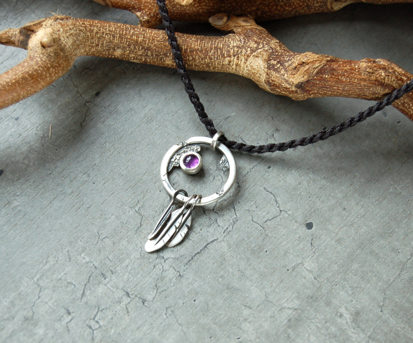 Rustic dream catcher necklace in sterling silver with Amethyst gemstone