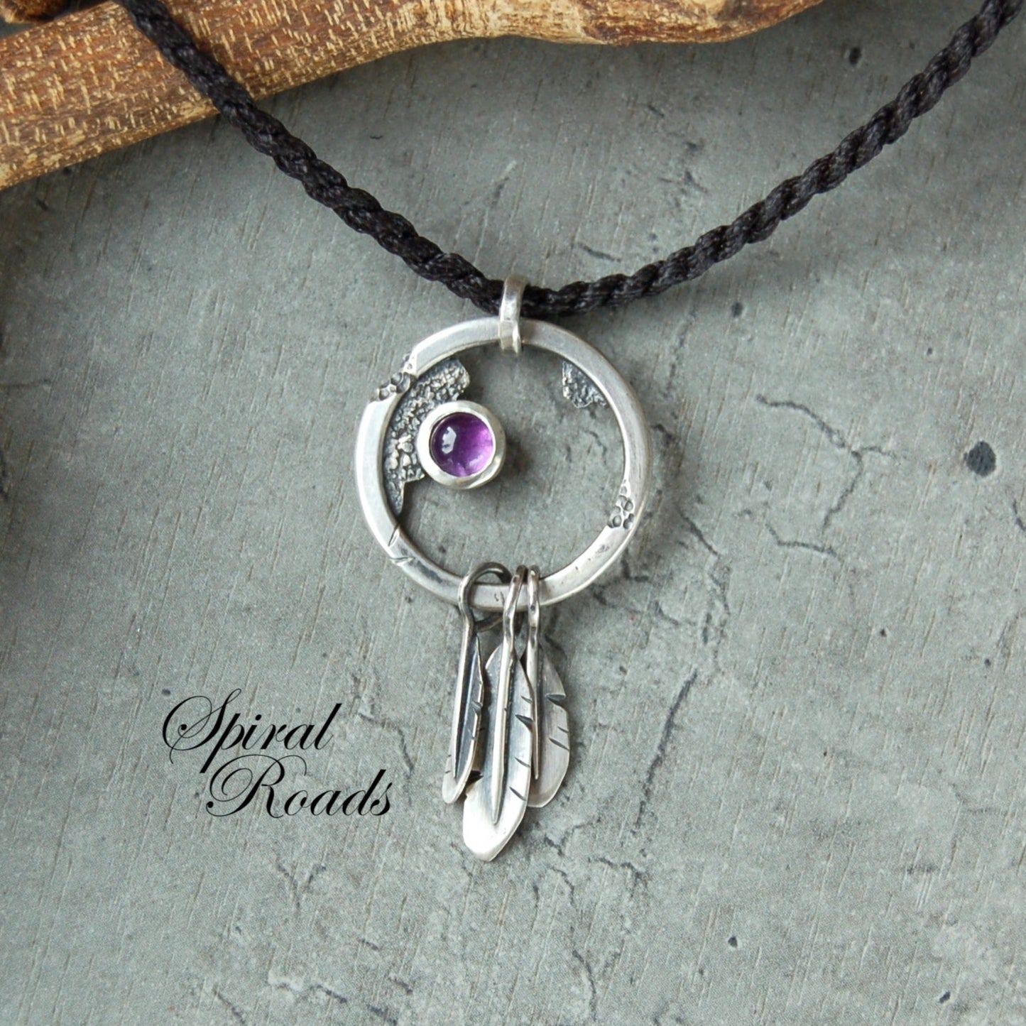 Rustic dream catcher necklace in sterling silver with Amethyst gemstone