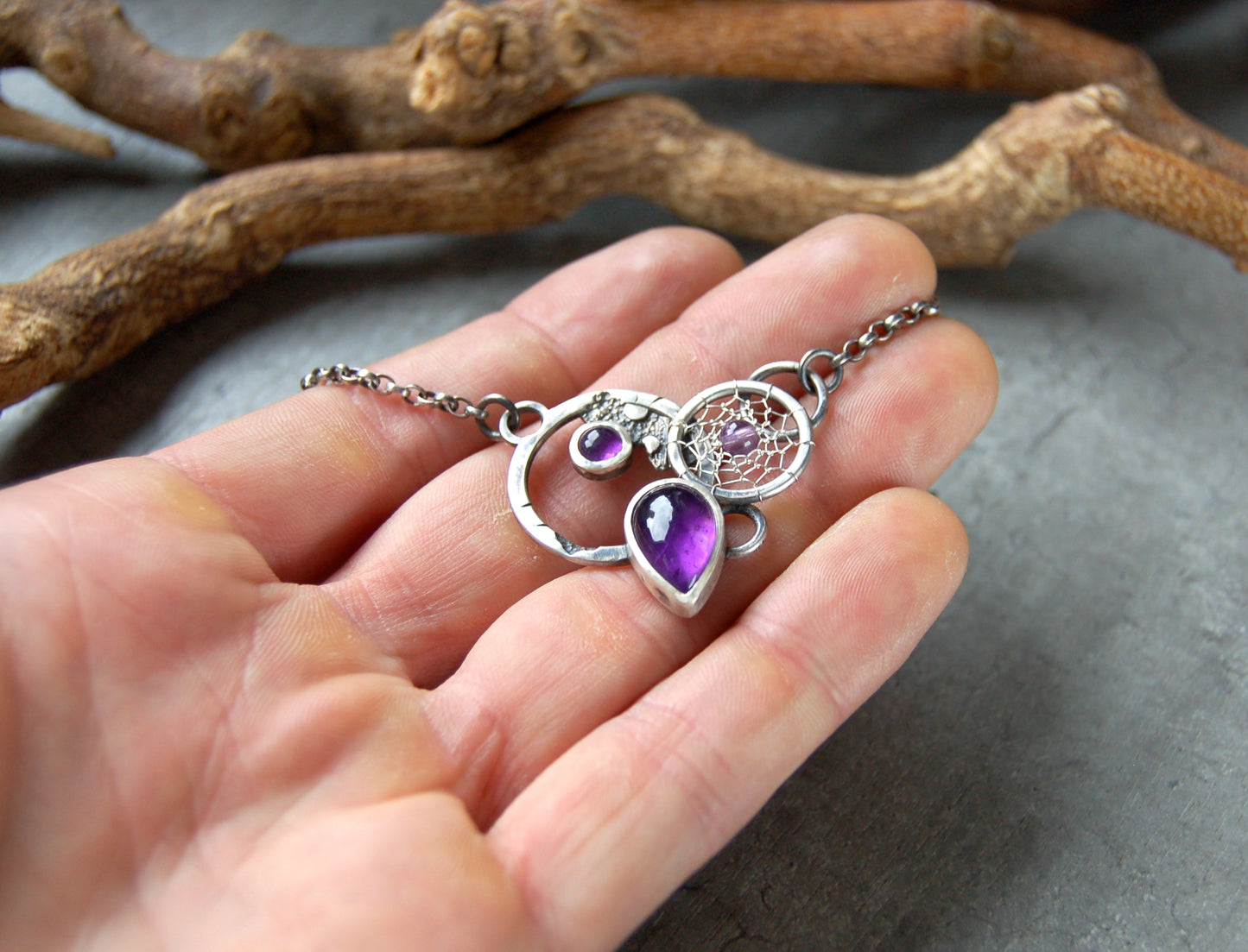 Boho amethyst pendant. Silver dreamcatcher necklace