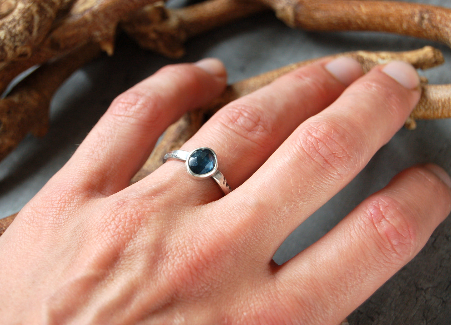 Teal sapphire ring, handmade in sterling silver