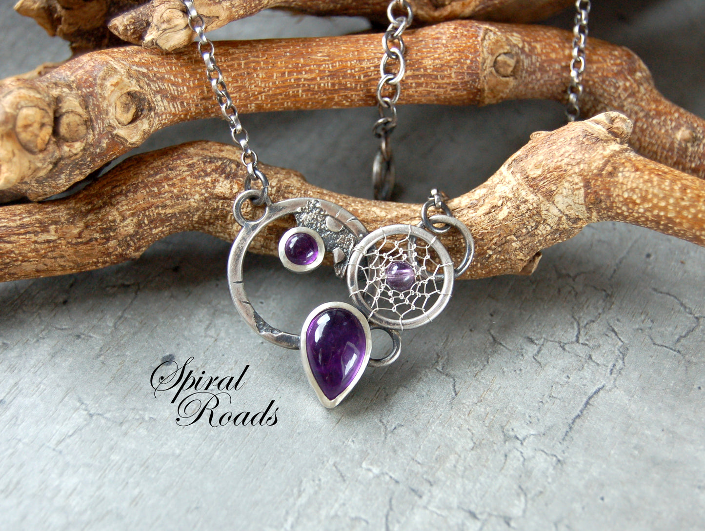 Boho amethyst pendant. Silver dreamcatcher necklace