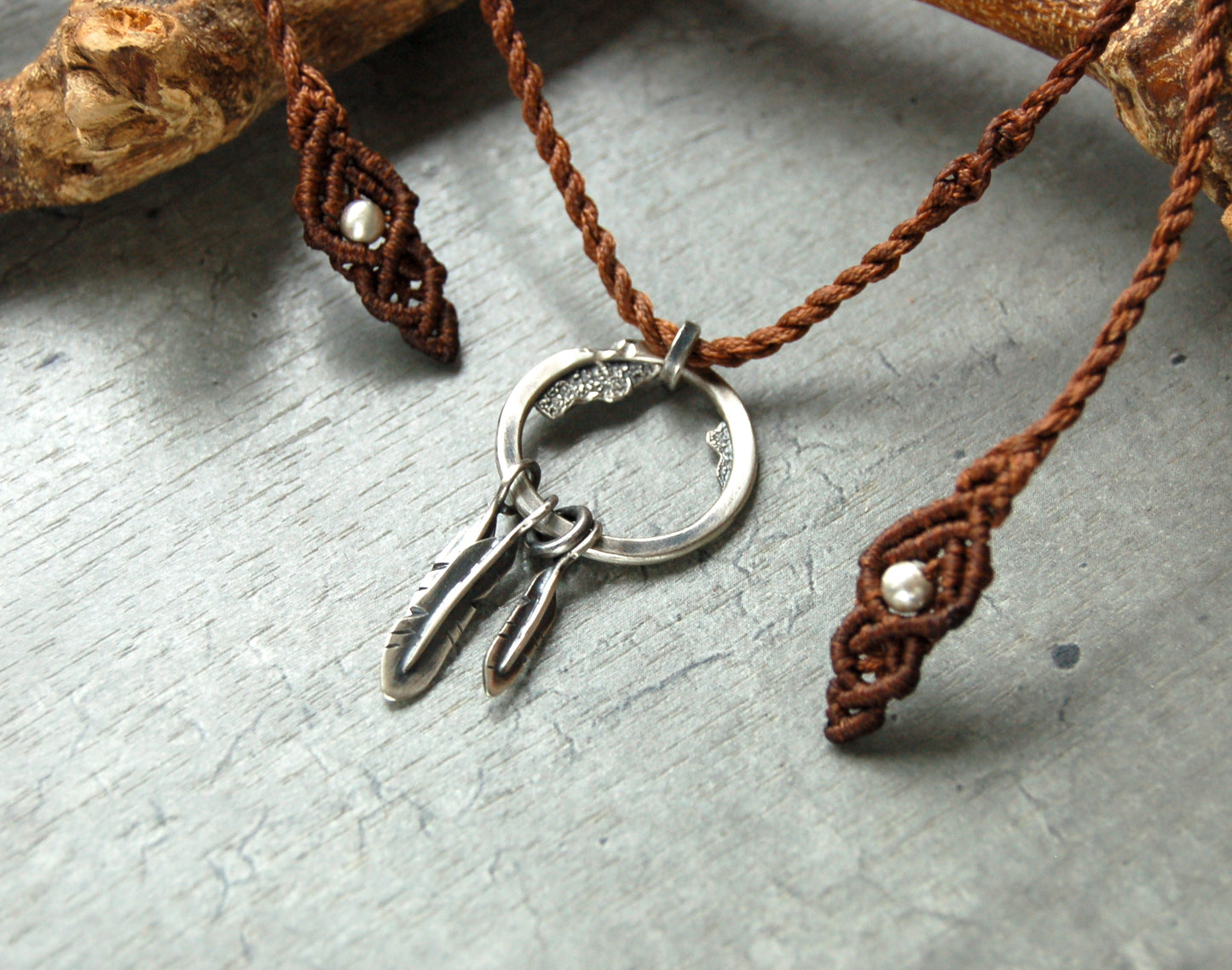 Mens Dream catcher necklace in sterling silver and macrame