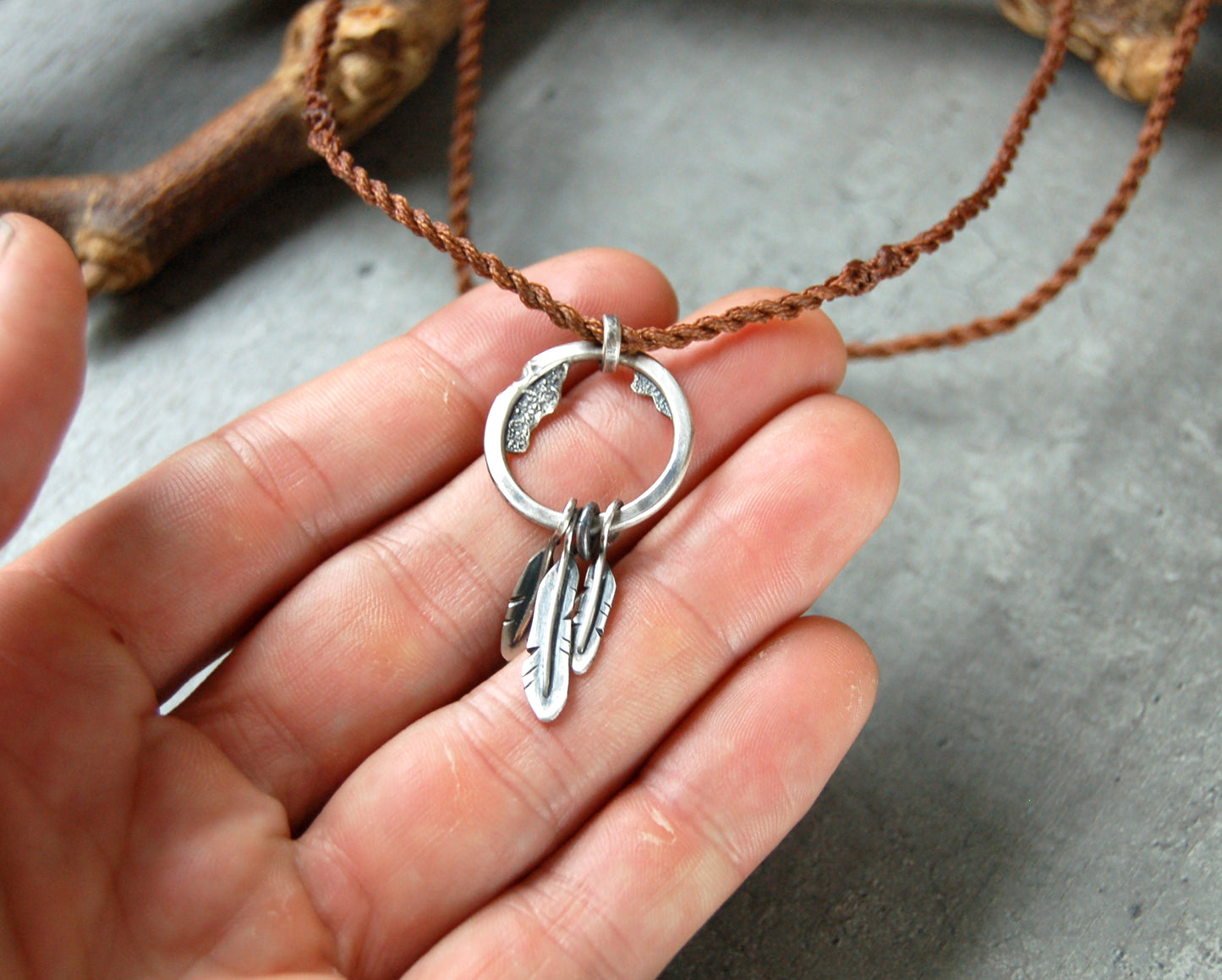 Silver feather necklace for men