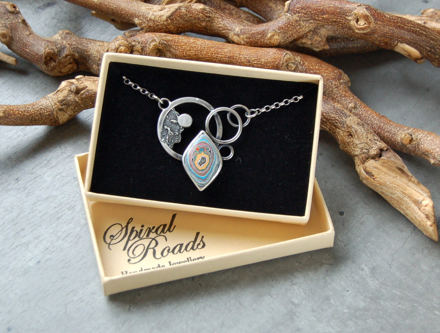 Silver boho Necklace pendant with Graffiti fordite