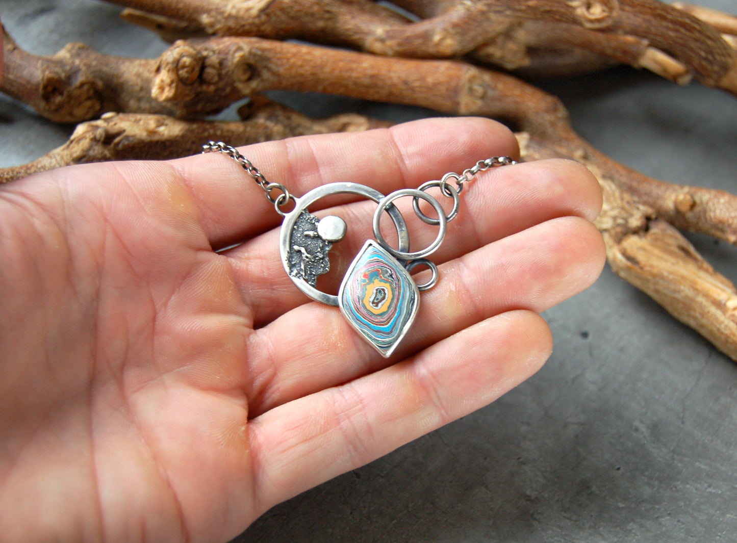 Silver boho Necklace pendant with Graffiti fordite