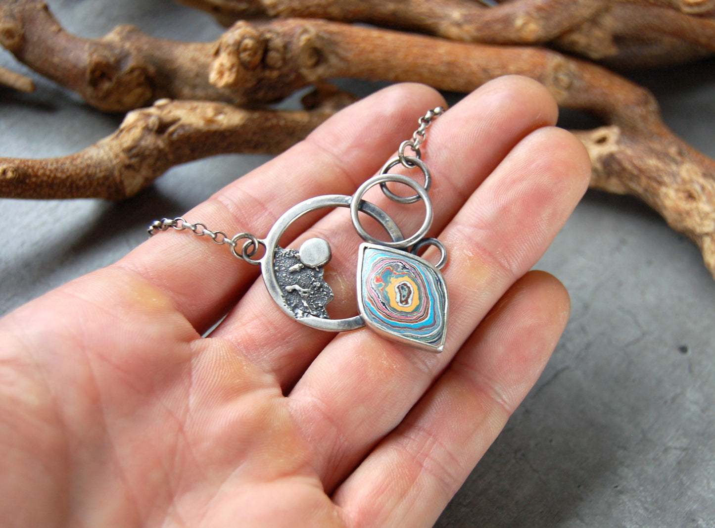 Silver boho Necklace pendant with Graffiti fordite