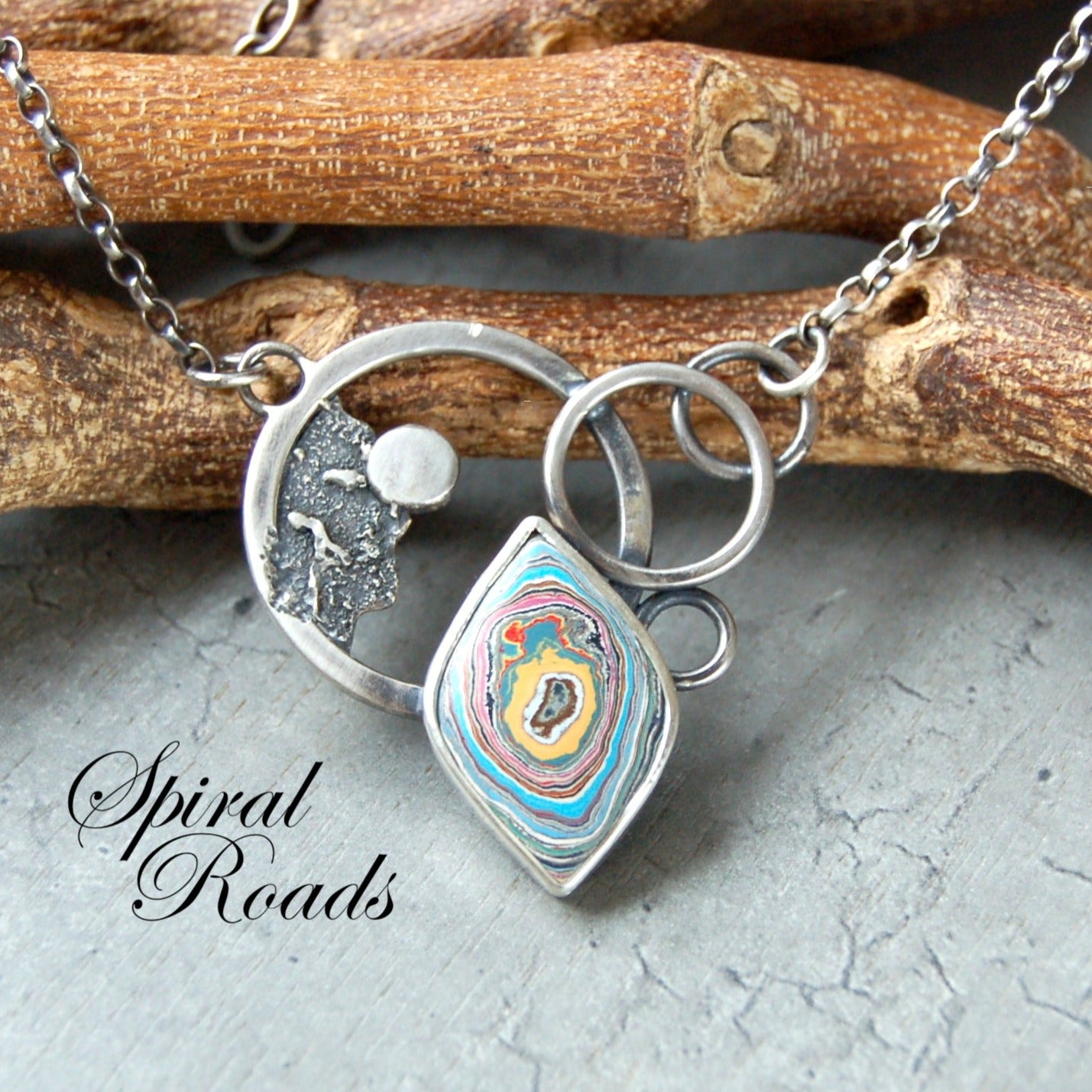 Silver boho Necklace pendant with Graffiti fordite