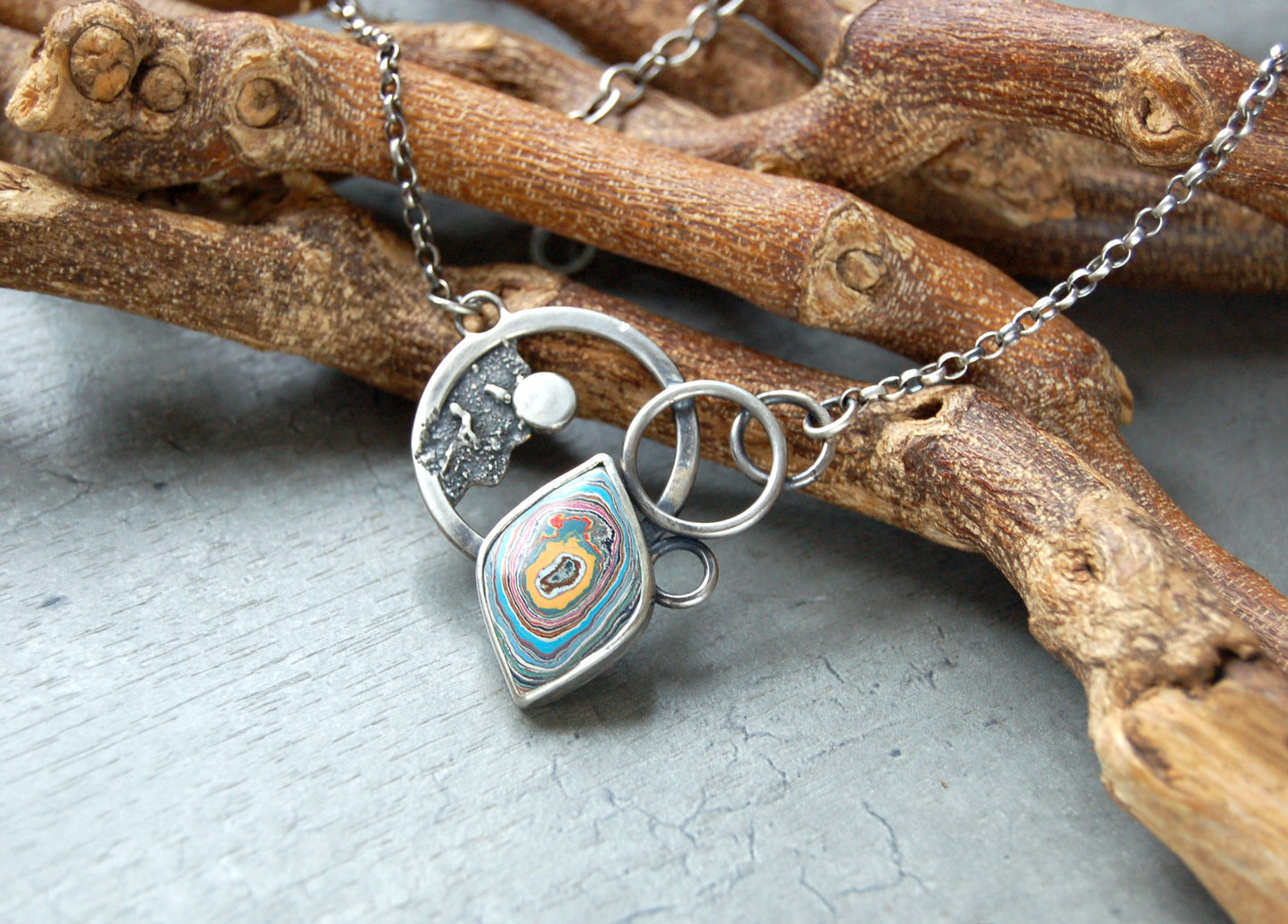 Silver boho Necklace pendant with Graffiti fordite