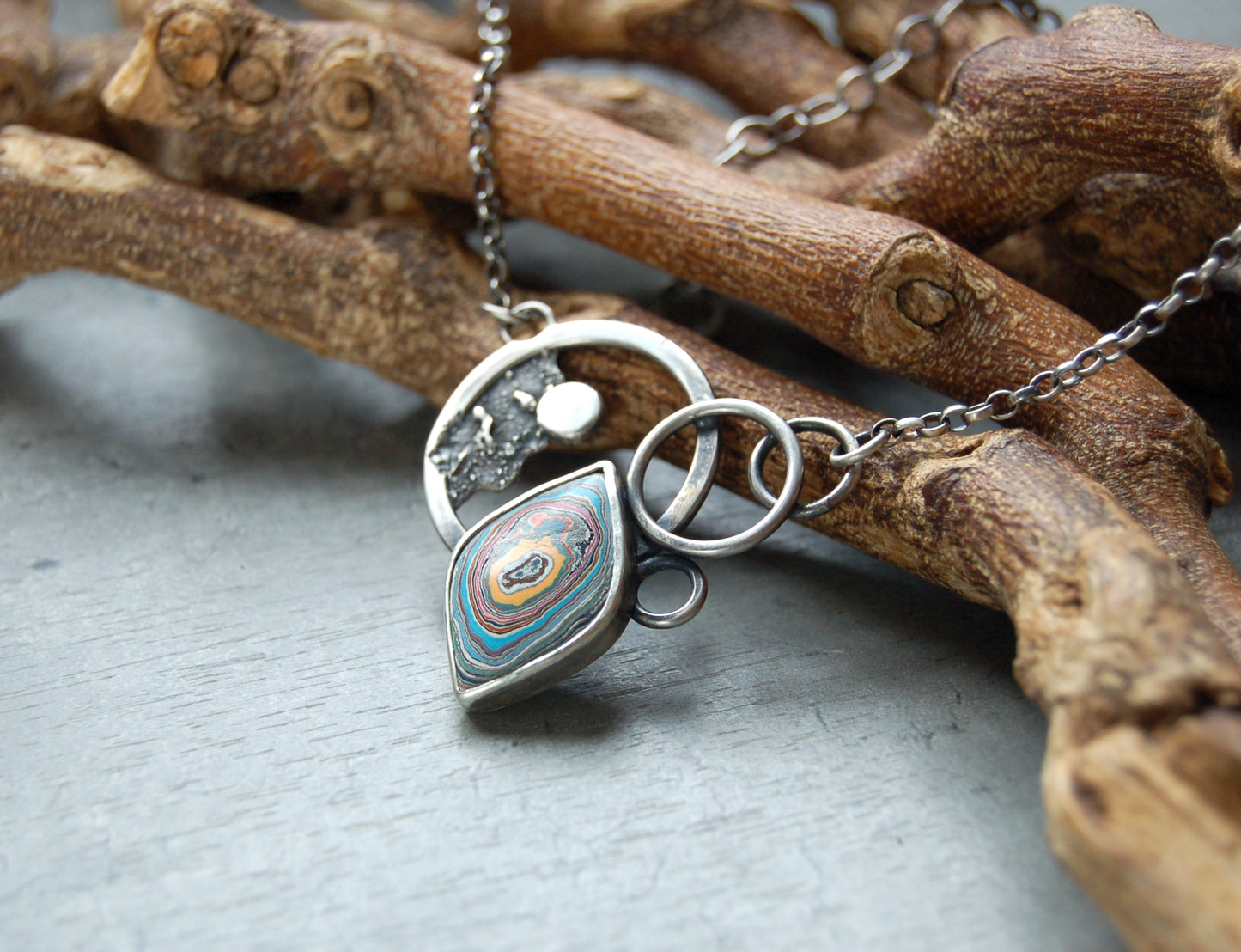Silver boho Necklace pendant with Graffiti fordite