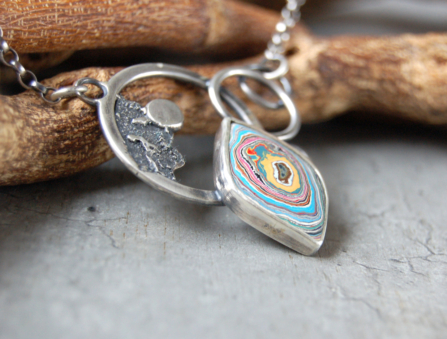 Silver boho Necklace pendant with Graffiti fordite