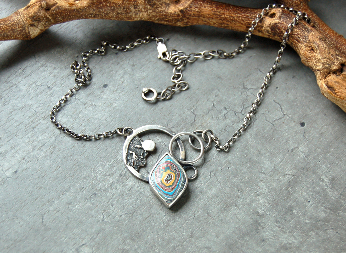 Silver boho Necklace pendant with Graffiti fordite