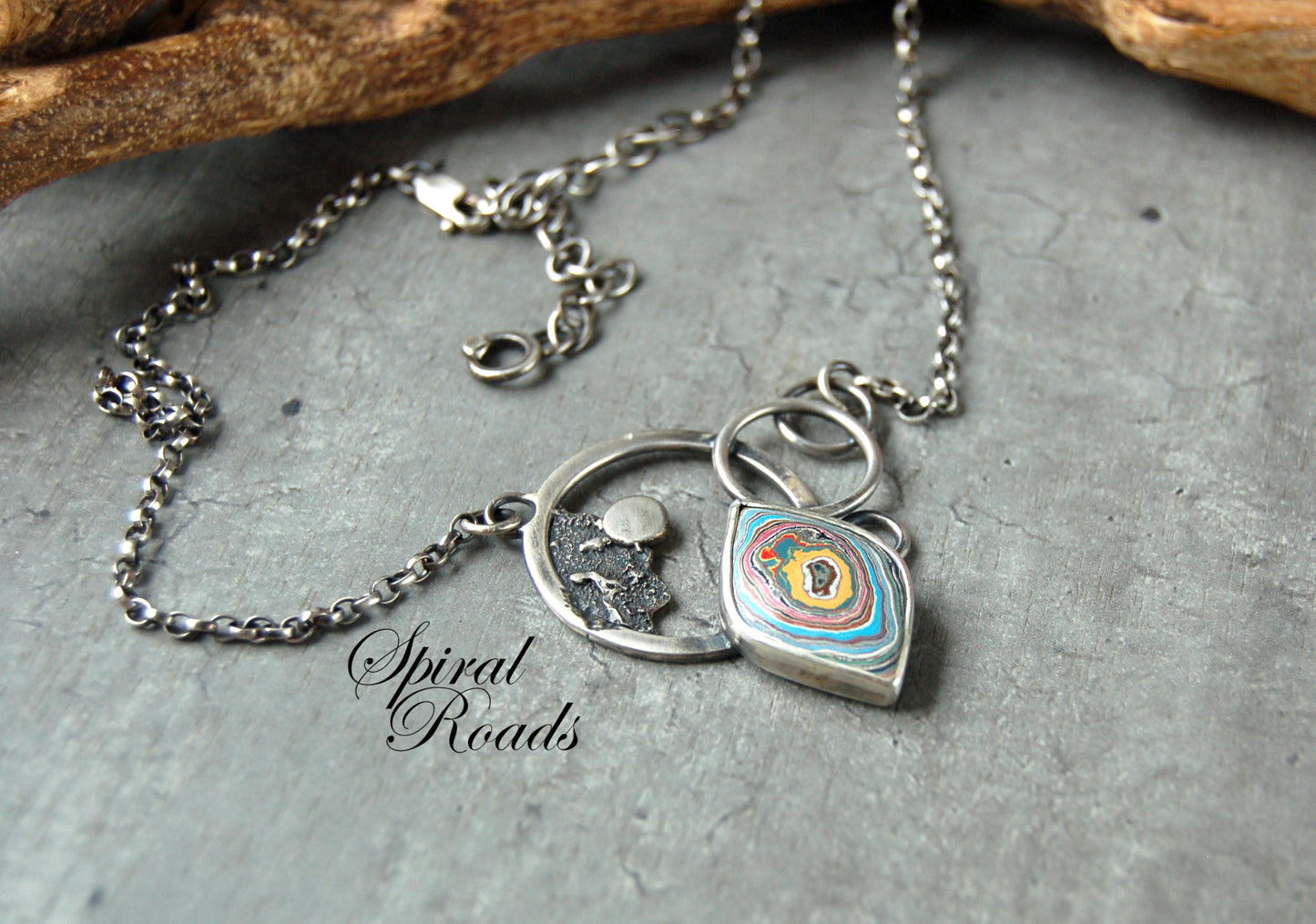 Silver boho Necklace pendant with Graffiti fordite
