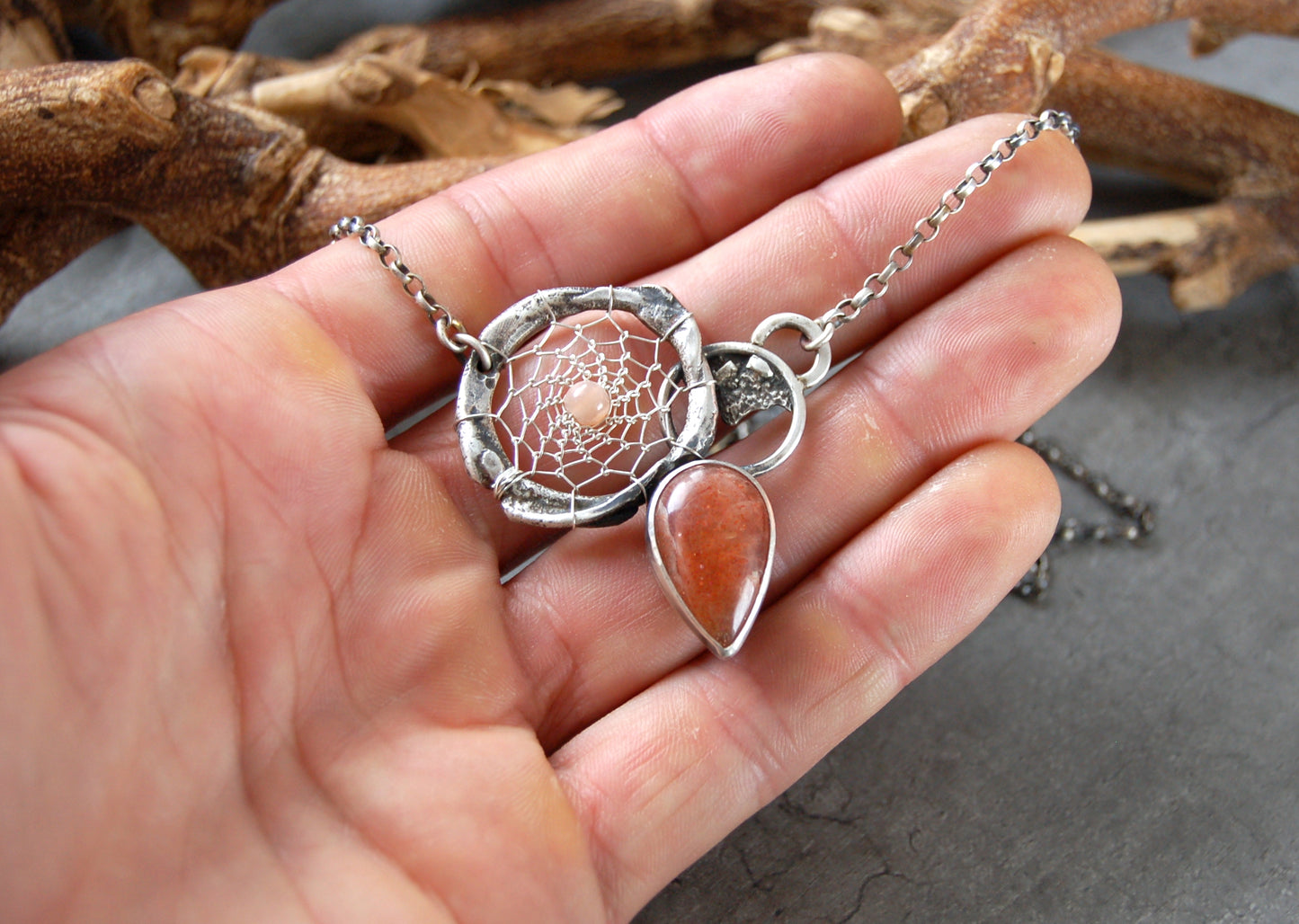 silver dream catcher necklace with sunstone gemstones and organic textures. Abstract bohemian style Pendant