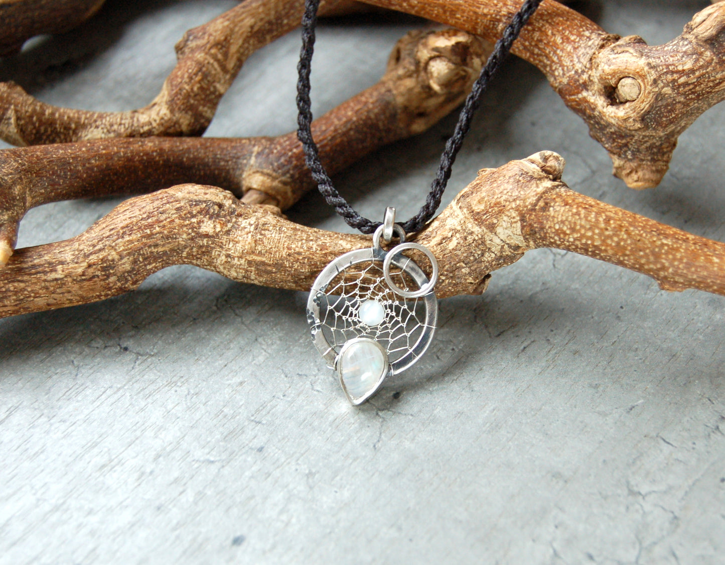 Silver dream catcher necklace with Moonstone gemstones