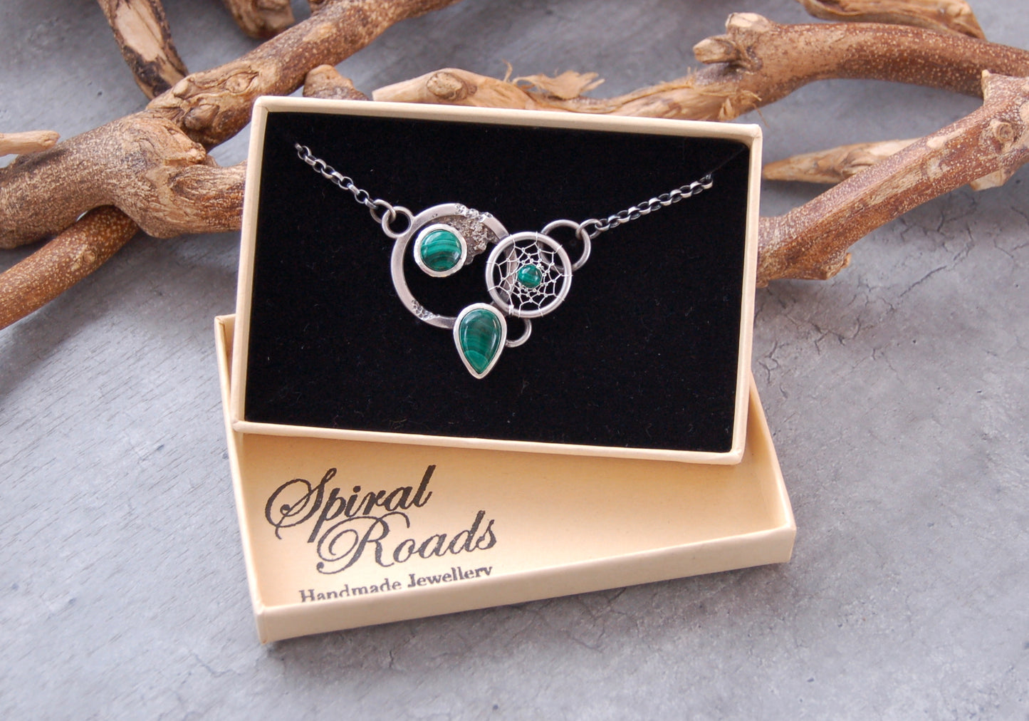Silver malachite gemstone necklace. Boho chic Dreamcatcher Jewelry