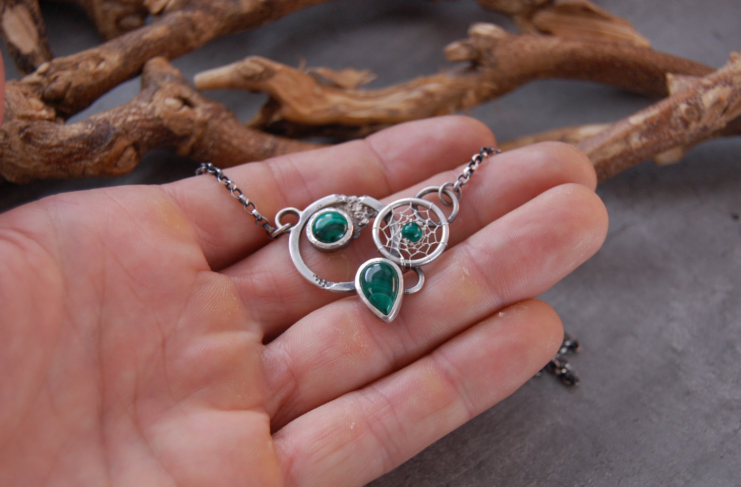 boho chic dream catcher necklace with malachite gemstones