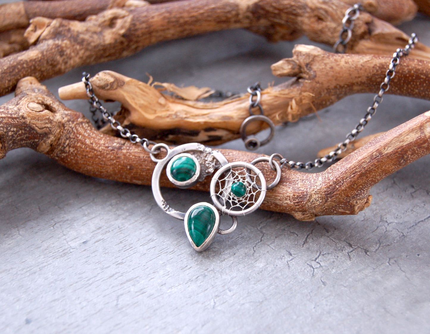 boho chic dream catcher necklace with malachite gemstones
