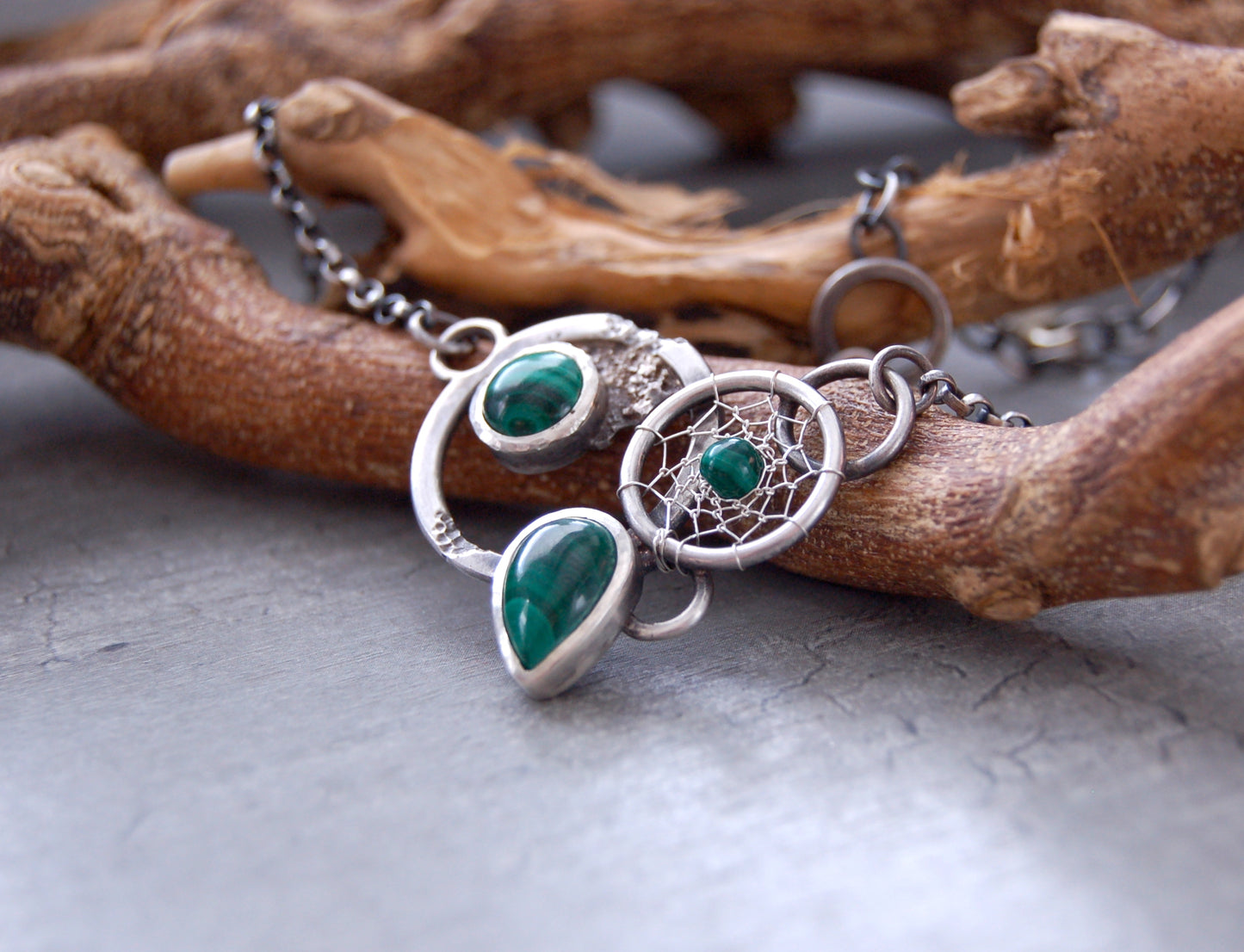 boho chic dream catcher necklace with malachite gemstones