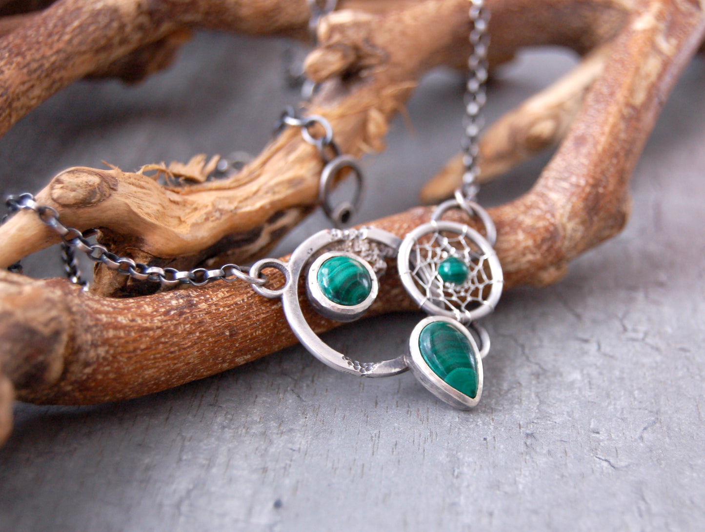boho chic dream catcher necklace with malachite gemstones